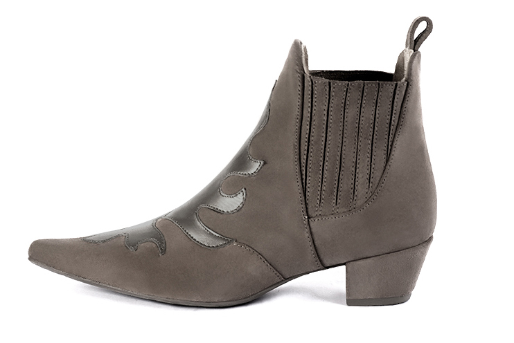 Taupe brown women's ankle boots, with elastics. Pointed toe. Low flare heels. Profile view - Florence KOOIJMAN